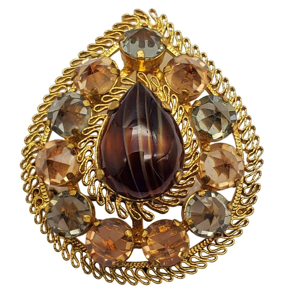 Austria Crystal Faux Agate Brooch Gold Tone Filigree Pin Teardrop Statement Vtg